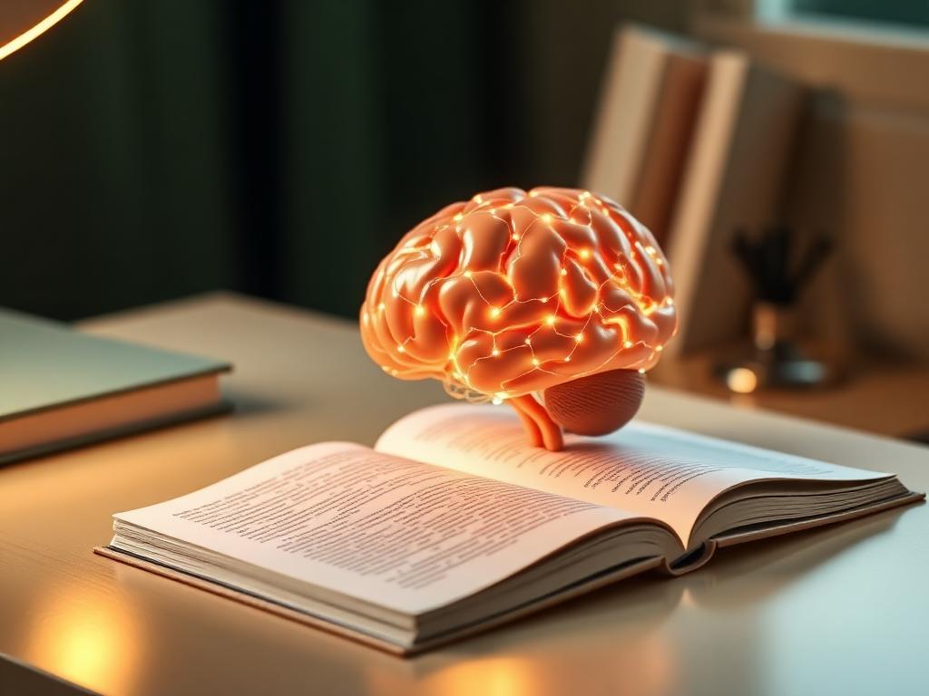 Cerebro brillante con conexiones neuronales sobre un libro abierto